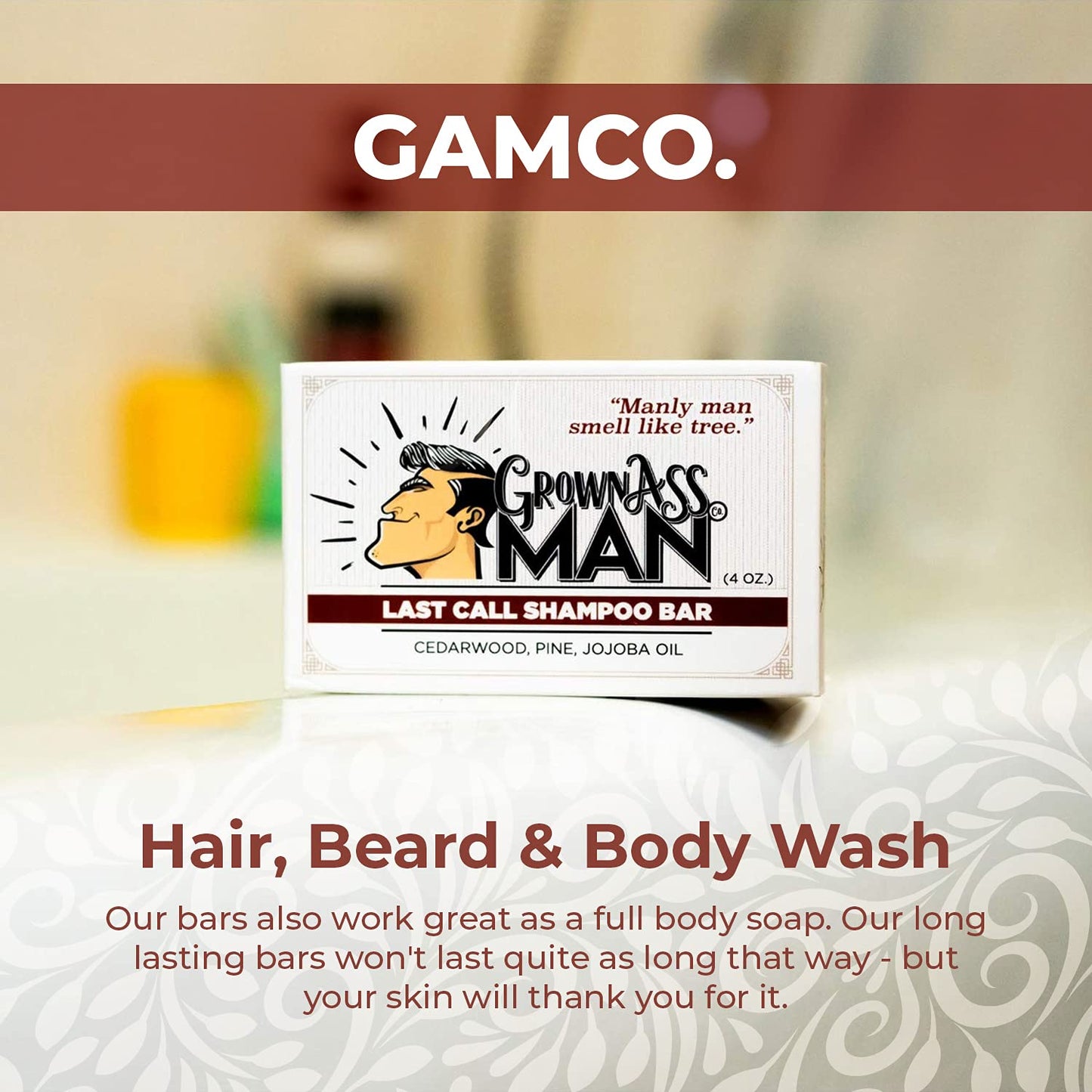 Grown Ass Man Co. - Solid Shampoo Bar Rich Lather 3 in 1: Hair, Beard & Body Wash - Plastic Free & Eco-Friendly, Natural & Organic Clean for All Hair Types, 4oz Bar (Last Call, 3-Pack)