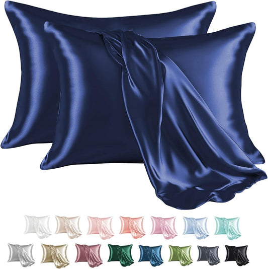 MR&HM Satin Pillowcase for Hair and Skin, Silk Satin Pillowcase 2 Pack, Queen Size Pillow Cases Set of 2, Silky Pillow Cover with Envelope Closure (20x30, Navy Blue)