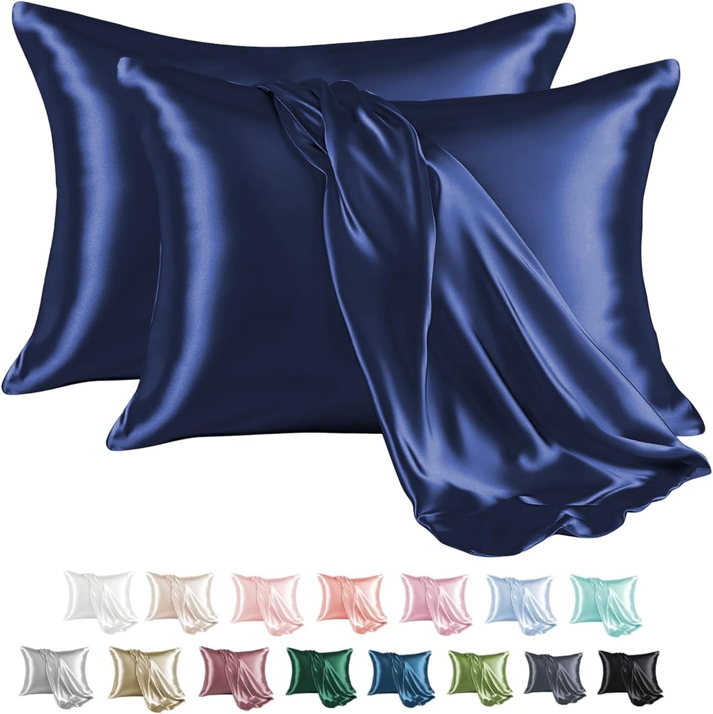 MR&HM Satin Pillowcase for Hair and Skin, Silk Satin Pillowcase 2 Pack, King Size Pillow Cases Set of 2, Silky Pillow Cover with Envelope Closure (20x36, Navy Blue)