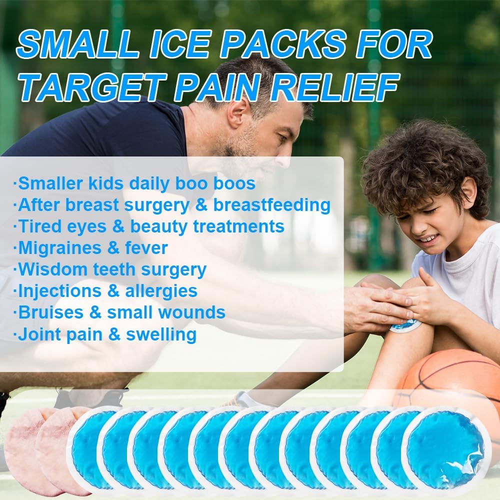 Small Round Ice Packs for Injuries, 12 Pack Soft Cosmetic Ice Packs for Face, Reusable Hot Cold Gel Pack Circular Cold Compress with 2 Wrap for Pain Relief, Toothaches, Breast Surgery, Wisdom Teeth