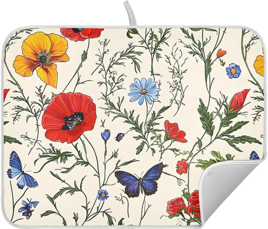 Butterfly Red Tulip Wildflower Dish Drying Mats for Kitchen Counter, 18x24 inch Drying Dishes Absorbent Microfiber Dish Drainer Mat Rack Pad Fast Dry