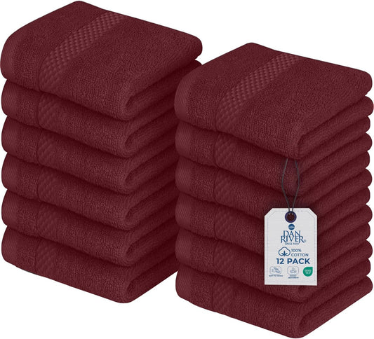 DAN RIVER 12-Pack Premium 100% Cotton Pomegranate Face Towels – Reusable Face Towel Set, Soft & Absorbent Luxury Wash Cloths for Bathroom & Body – Hand and Face Towels, 550 GSM (12x12 in)