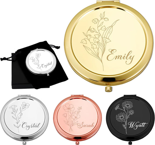 Personalized Compact Mirror, Custom Pocket Mirror with Birth Flower and Name, Small Purse Mirrors for Women, Double-Sided 1X/2X Magnifying Travel Makeup Mirrors, Bridal Shower Gifts, Stocking Stuffers