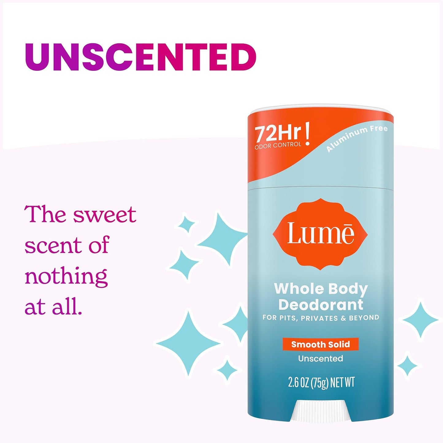 Lume Whole Body Deodorant - Smooth Solid Stick - 72 Hour Odor Control - Aluminum Free, Baking Soda Free and Skin Loving - 2.6 Ounce (Pack of 3) (Unscented)
