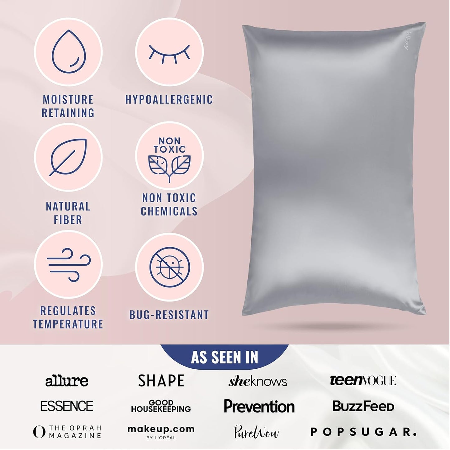 Blissy Silk Pillowcase - 100% Pure Mulberry Silk - 22 Momme 6A High-Grade Fibers - Silk Pillow Cover for Hair & Skin - Regular, Queen & King (Silver, King)