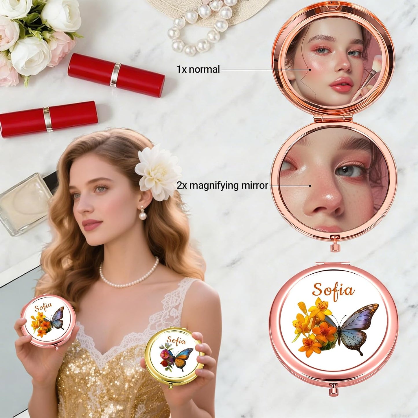 Custom Compact Mirror with Name - Personalized Flip Makeup Travel Pocket Mirror Gift for Women Bridesmaids Wedding Birthday (Butterfly Flower)