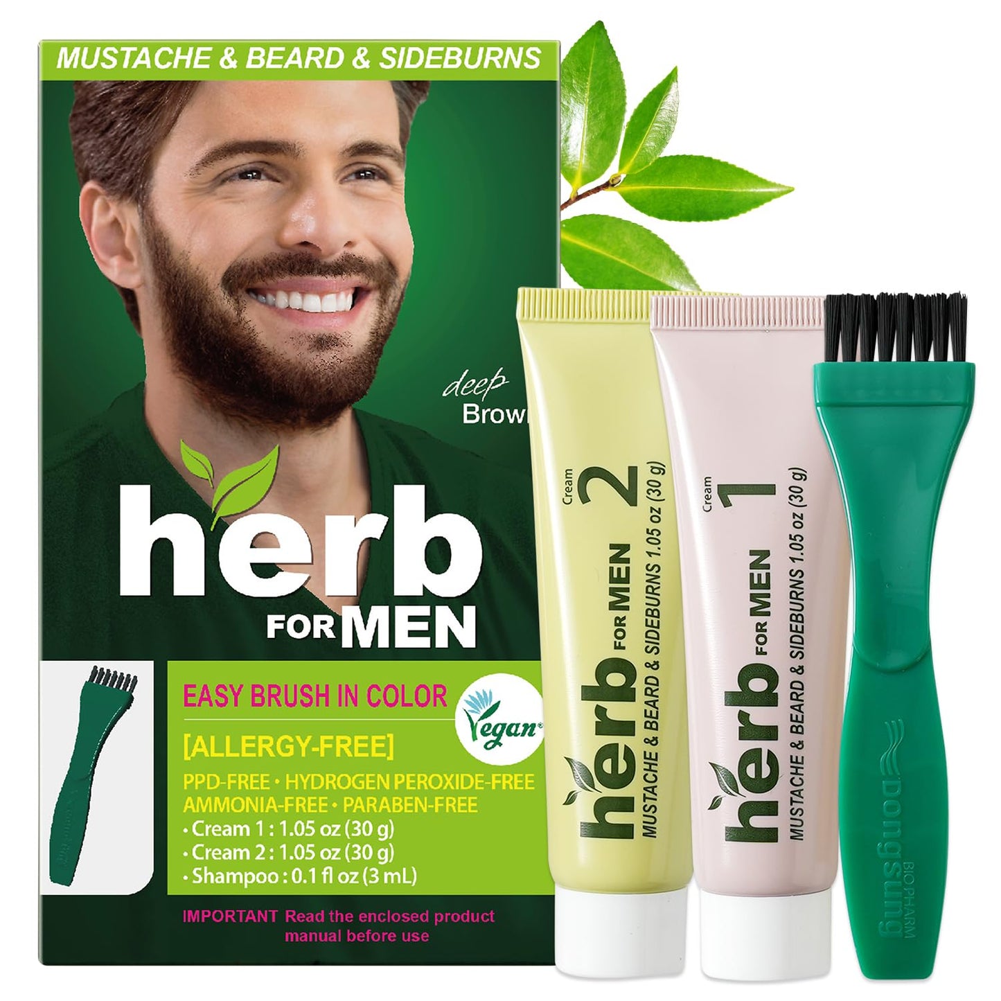 Herb For Men Mustache & Beard Dye (Deep Brown, 1 Pack), PPD-Free Ammonia-Free, Vegan with Natural Ingredients, Odorless, Gentle for Sensitive Skin, No Skin Irritation