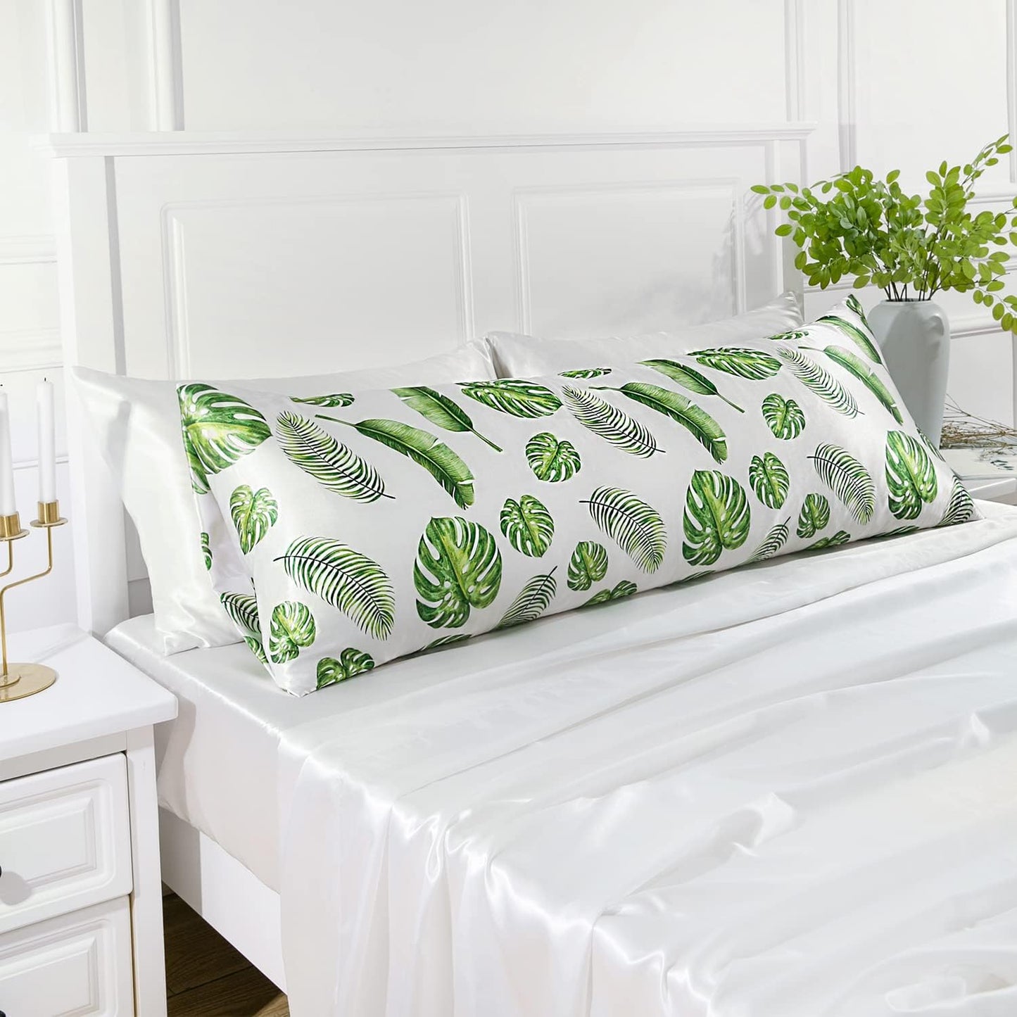 MR&HM Satin Body Pillow Cover, Soft and Breathable Body Pillow Case with Envelope Closure, Cooling and Silky Long Pillowcase for Hair and Skin,Grey (20x54, Leaves)