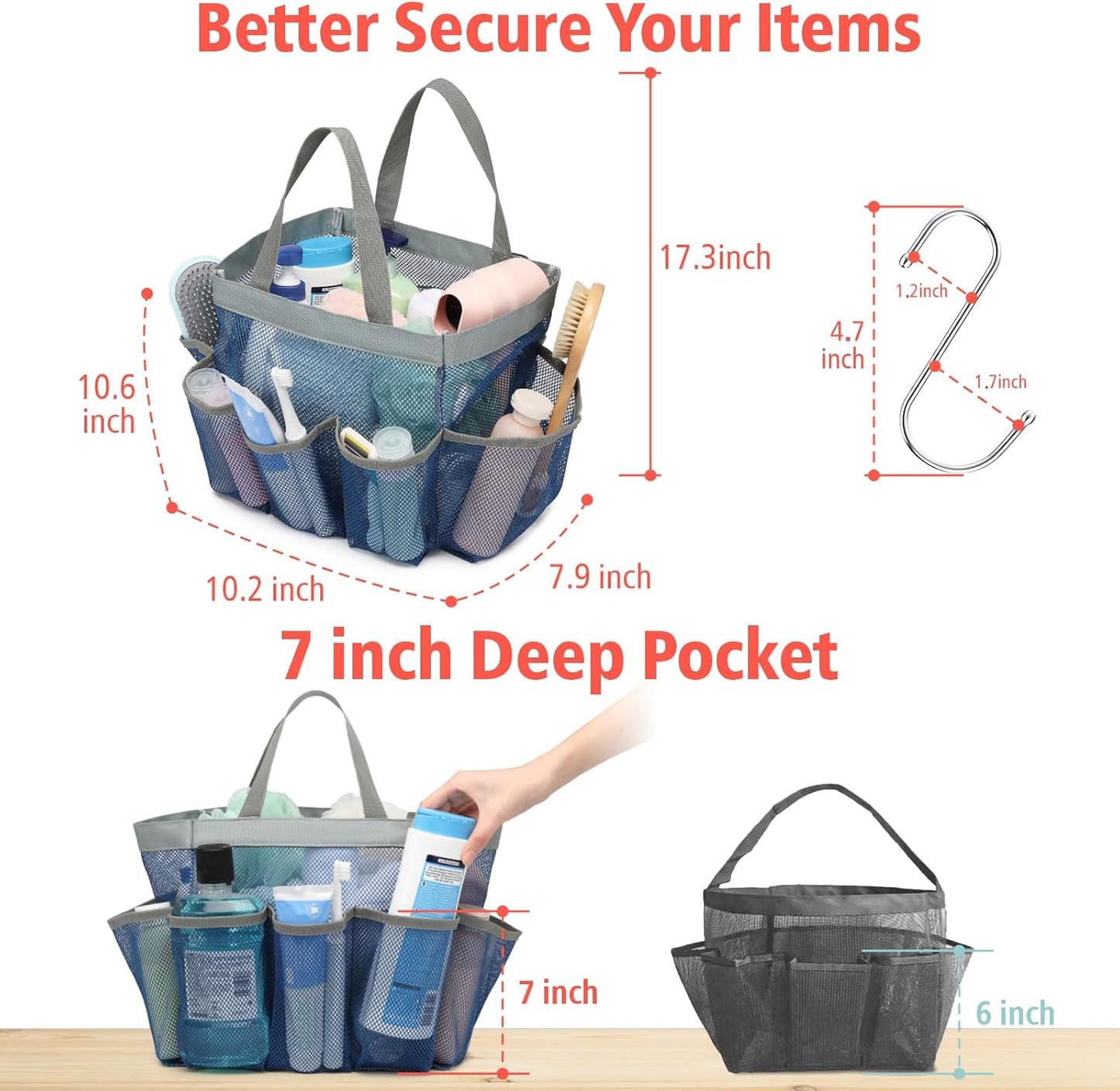 F-color Mesh Shower Caddy Portable - 2 Handles Upgrade Deeper 7 Pockets Basket Bag Tote for College Dorm Room Toiletry Bathroom Essentials Gym Camp Quick Dry with S Hook, 2 Pack Blue