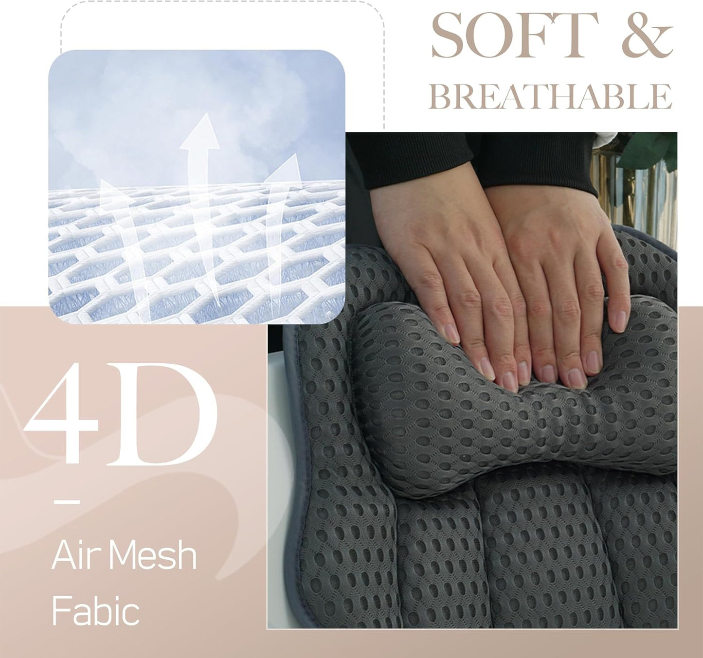 Bath Pillow for Tub, 4D Air Mesh Breathable Fabric, Soft Supportive Bathtub Cushion for Head Neck Back, Ergonomic Spa Pillow with Strong Suction Cups, Quick-Drying, Machine Washable (Gray)