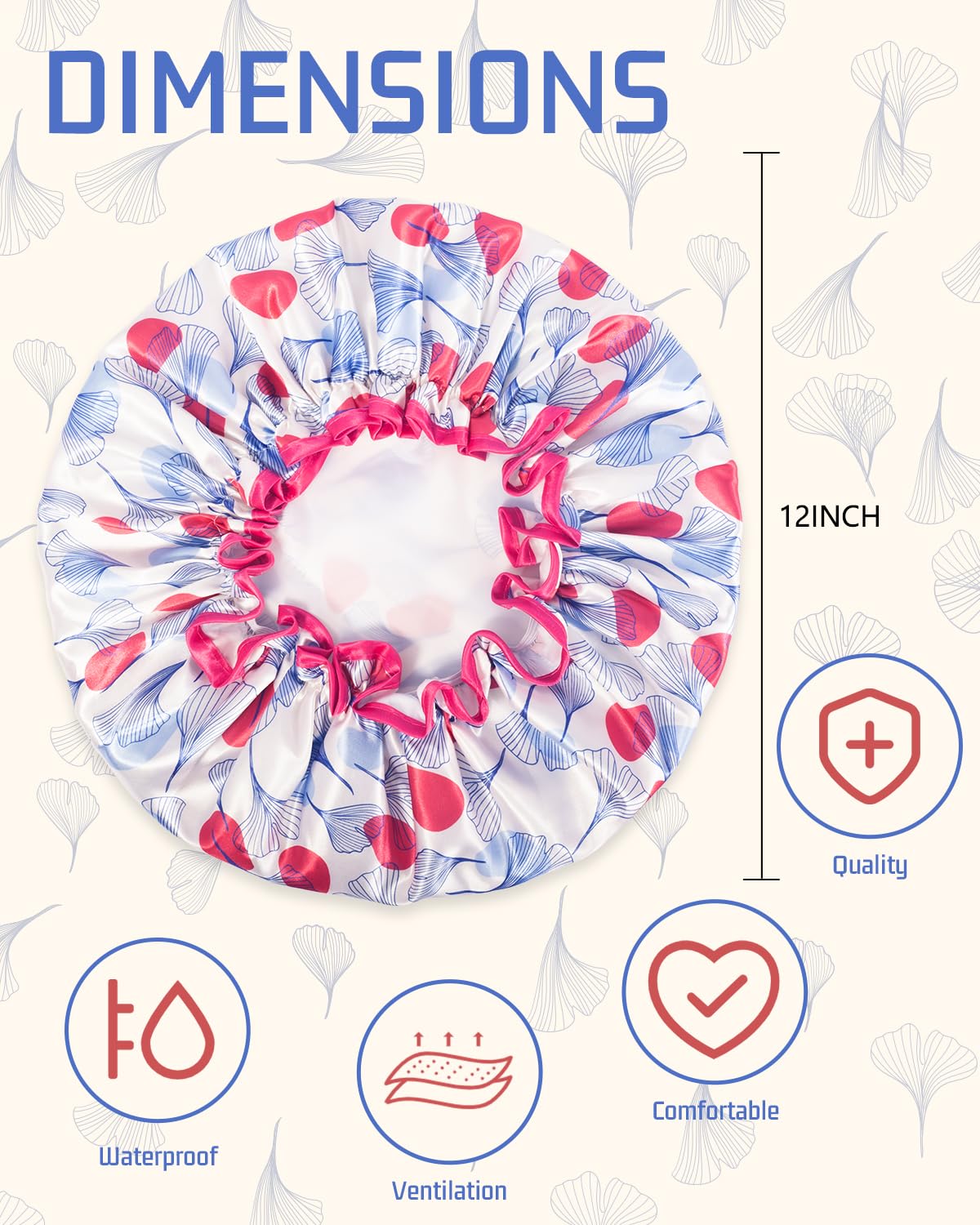 Aquior Shower Caps, Reusable Shower Cap for Women, Double Layer Waterproof Hair Cap, Microfiber Large Size for All Hair Lengths,for Girls Spa Home Salon Use (Red-Tulip)