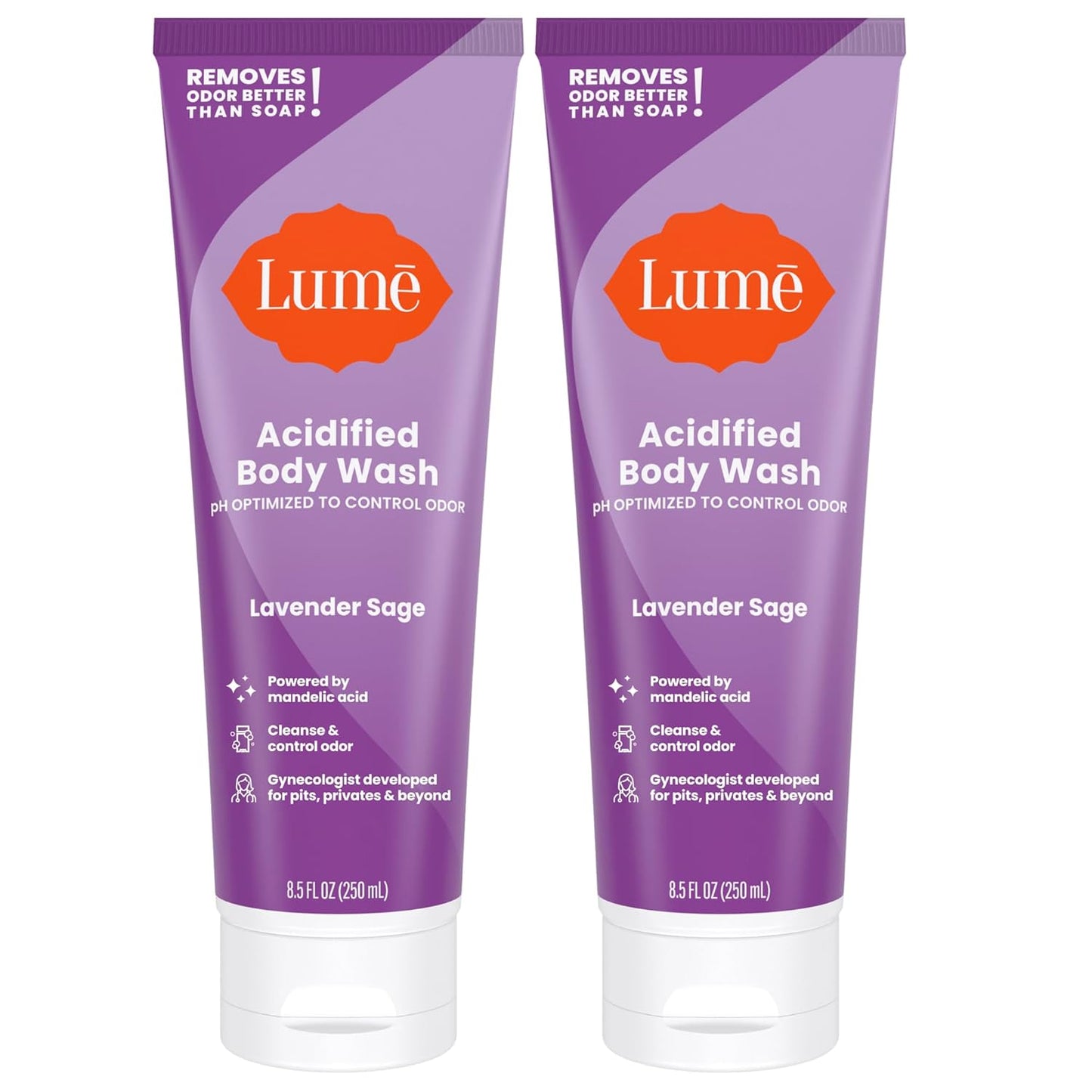 Lume Acidified Body Wash - 24 Hour Odor Control - Removes Odor Better than Soap - Moisturizing Formula - Formulated Without SLS or Parabens - OB/GYN Developed - 8.5 ounce (Pack of 2) (Lavender Sage)
