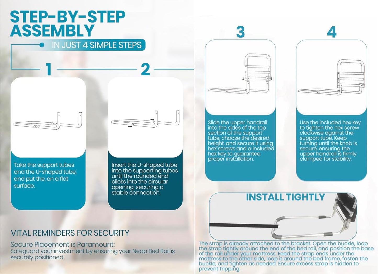 NEDA Adjustable Bed Rails for Elderly Adults – Medical Bed Assist Handle, Safety Support Rail for Seniors, Bedside Rail for All Bed Sizes, with Storage Bag ASTM F3186-17 & 16 CFR 1270 CPSC Certified