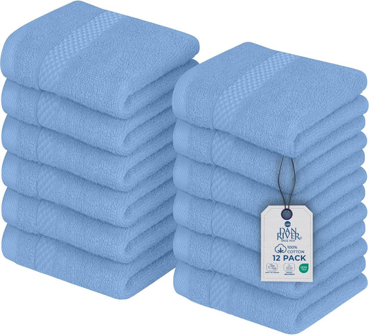 DAN RIVER 12-Pack Premium 100% Cotton Medium Blue Face Towels – Reusable Face Towel Set, Soft & Absorbent washcloths for Showering – Hand and Face Towels, 550 GSM (12x12 in)