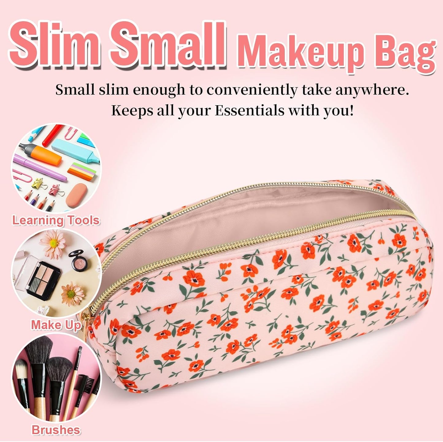 Nylon Small Floral Makeup Bag Slim Pouch, Preppy Cute Makeup Brush Bag Pink Makeup Bag Flower Cosmetic Zipper Pouch for Purse, Waterproof Travel Toiletry Bag Make Up Organizer for Women(Pink-Floral)