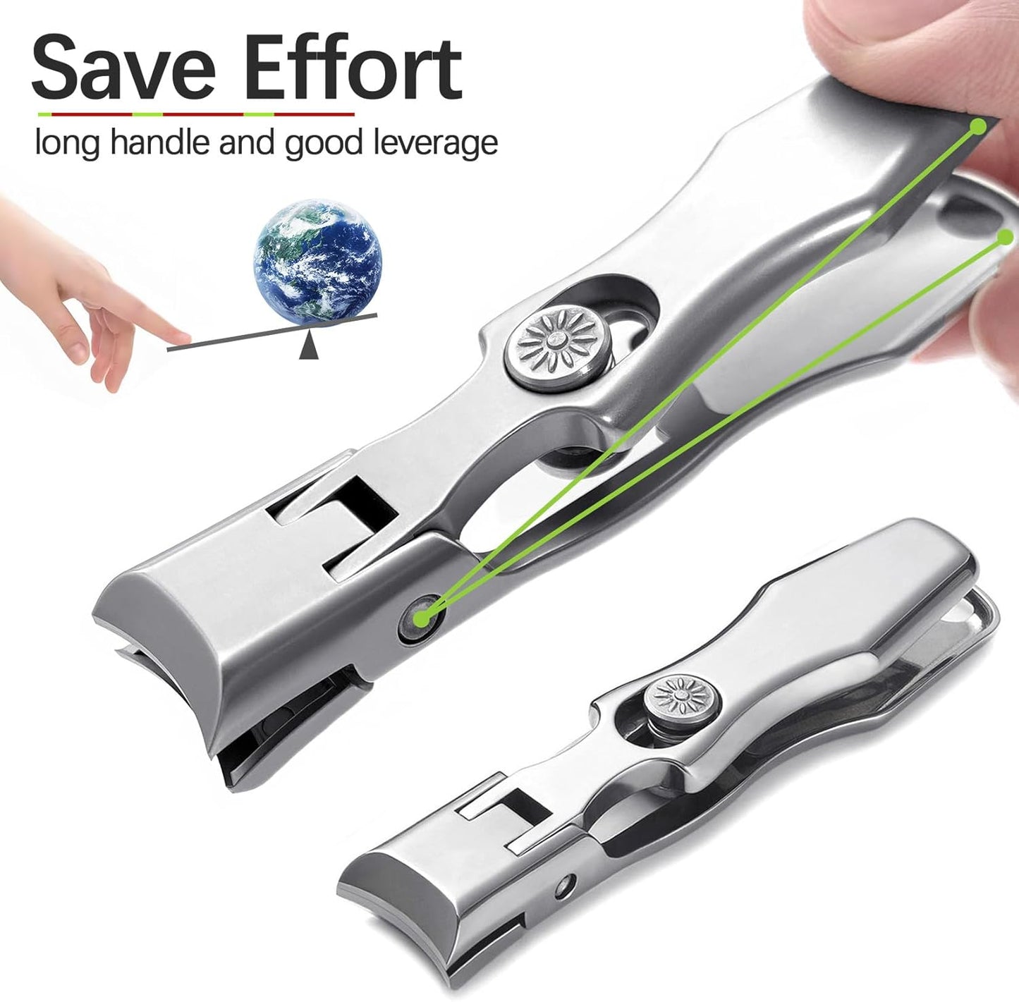 Nail Clippers for Men Thick Nails Large Wide Jaw Opening Toenails Clippers for Seniors Long Handle Heavy Duty Portable Ultra Sharp Fingernail Cutter with Catcher for Adult Women (Silver Set)