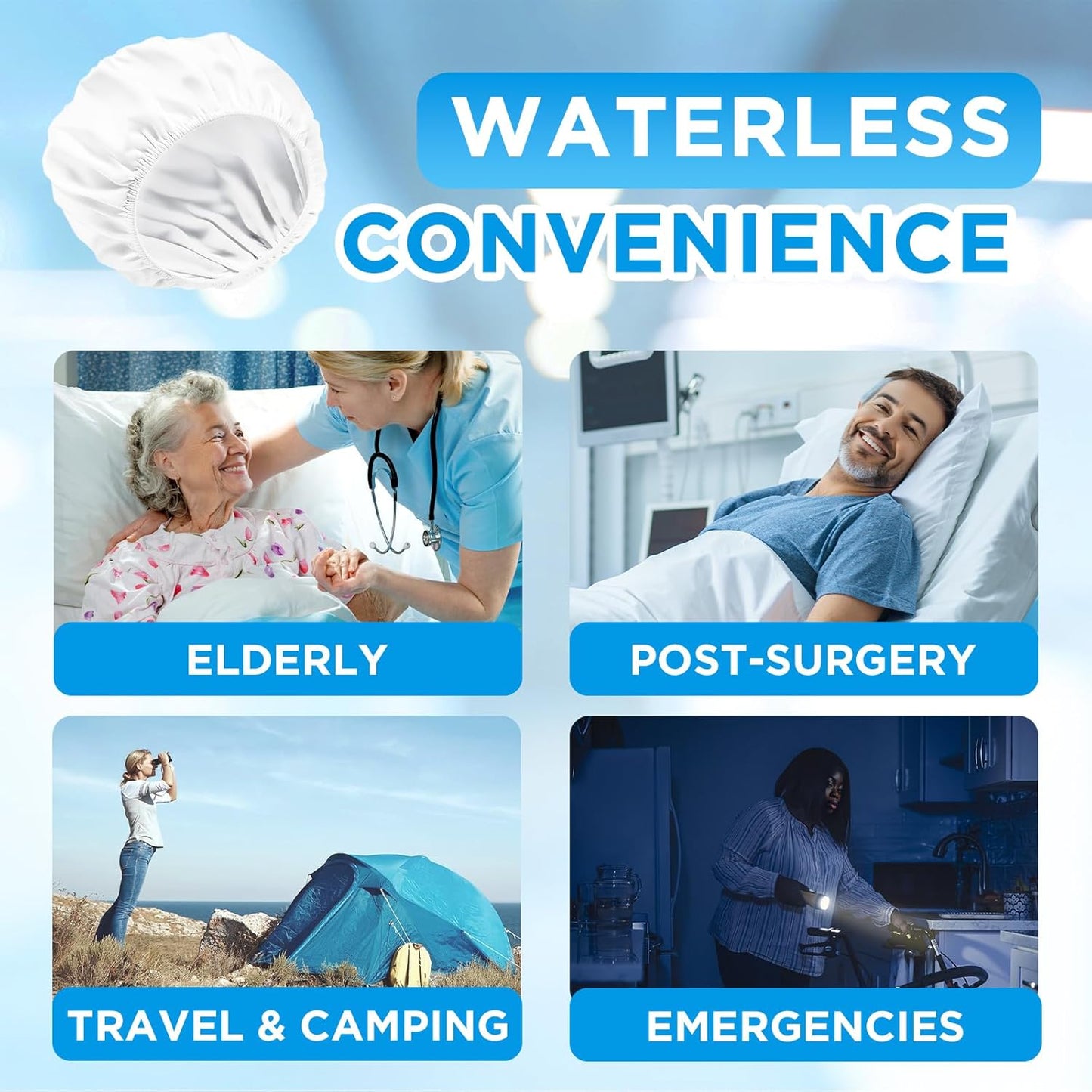 OK TAPE No Water Shampoo Caps (6 Pack) 3 Scents, Rinse Free Shower Cap for Elderly, After Surgery, Camping, Shampoo and Conditioner Hair Wash Cap (Lavender, Verbena and Cucumber Scents)