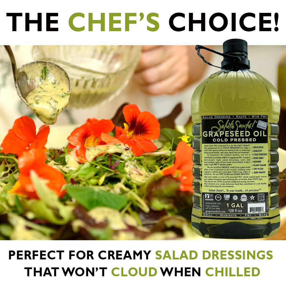 Cold Pressed Grapeseed Oil by Salute Sante! High Temperature Cooking, Healthy Grape Seed Oil, Non-GMO and Kosher for Salad Dressings, Marinades and Dips, Vegan, 1 Gallon, 4 Pack