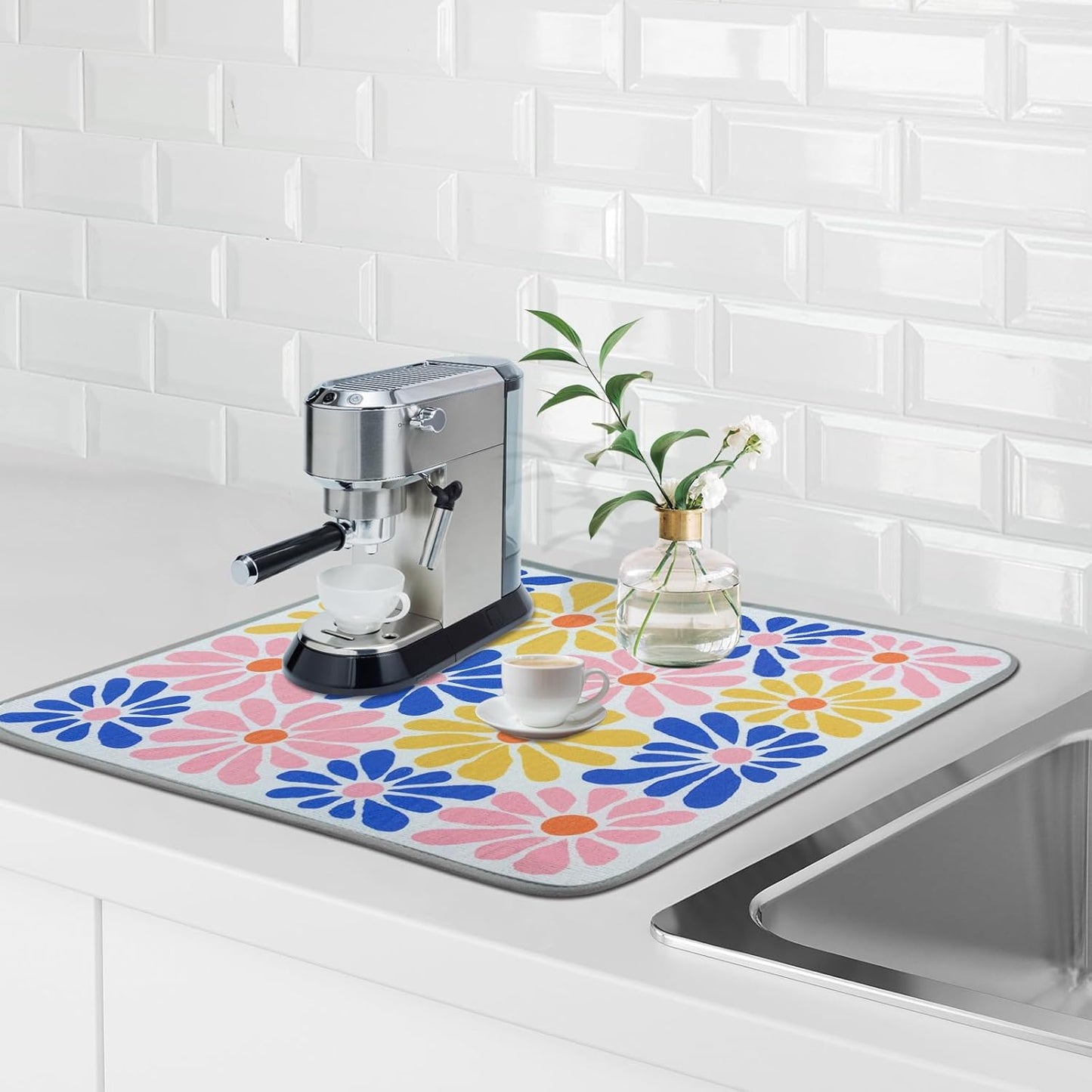 SHIYUE Dish Drying Mat for Kitchen Counter Super Absorbent Spring Kitchen Decor Microfiber Drying Matainers Rack Fast Pad Dish Drainer Mats(Color Flower,18''x24'')