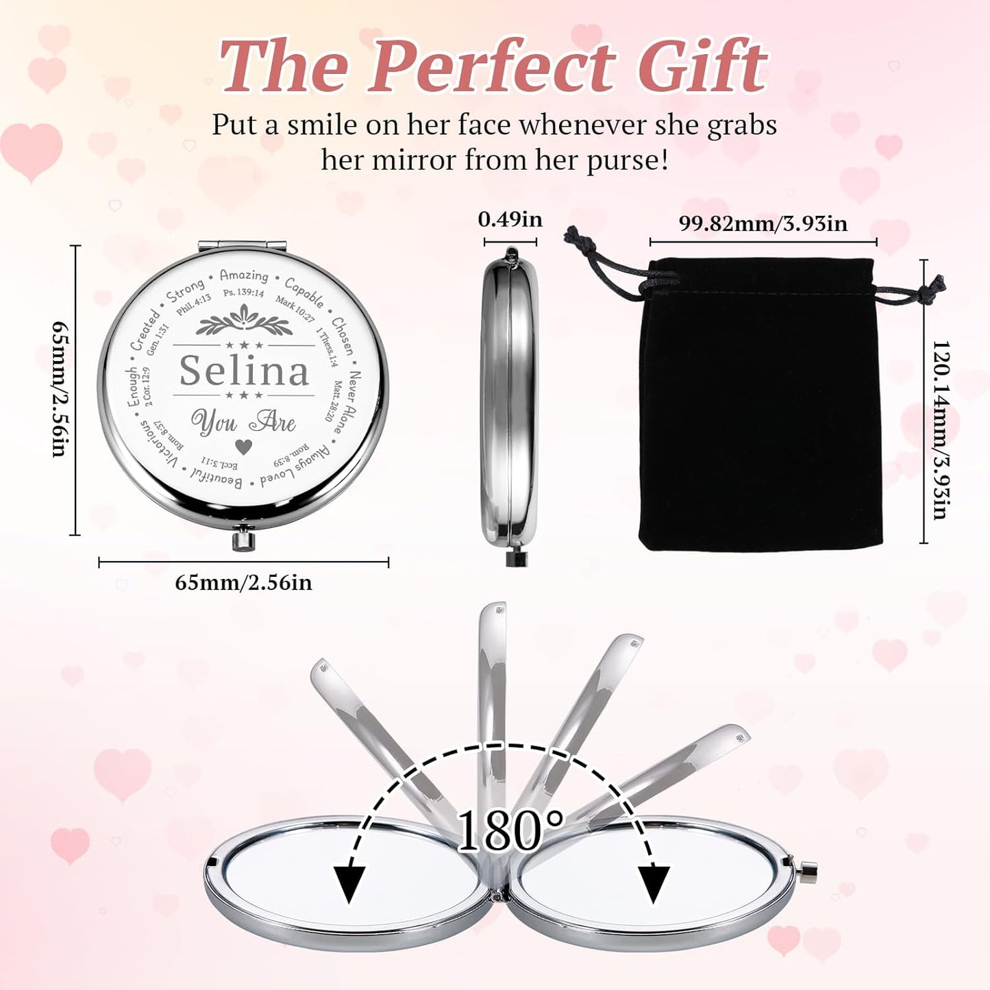 Personalized Inspirational Compact Mirror, Custom Name Christian Compact Mirrors Bulk, Double-Sided 1X/2X Magnifying Pocket Makeup Mirrors, Religious Gift for Women Sister Friend Girl, Birthday Gifts