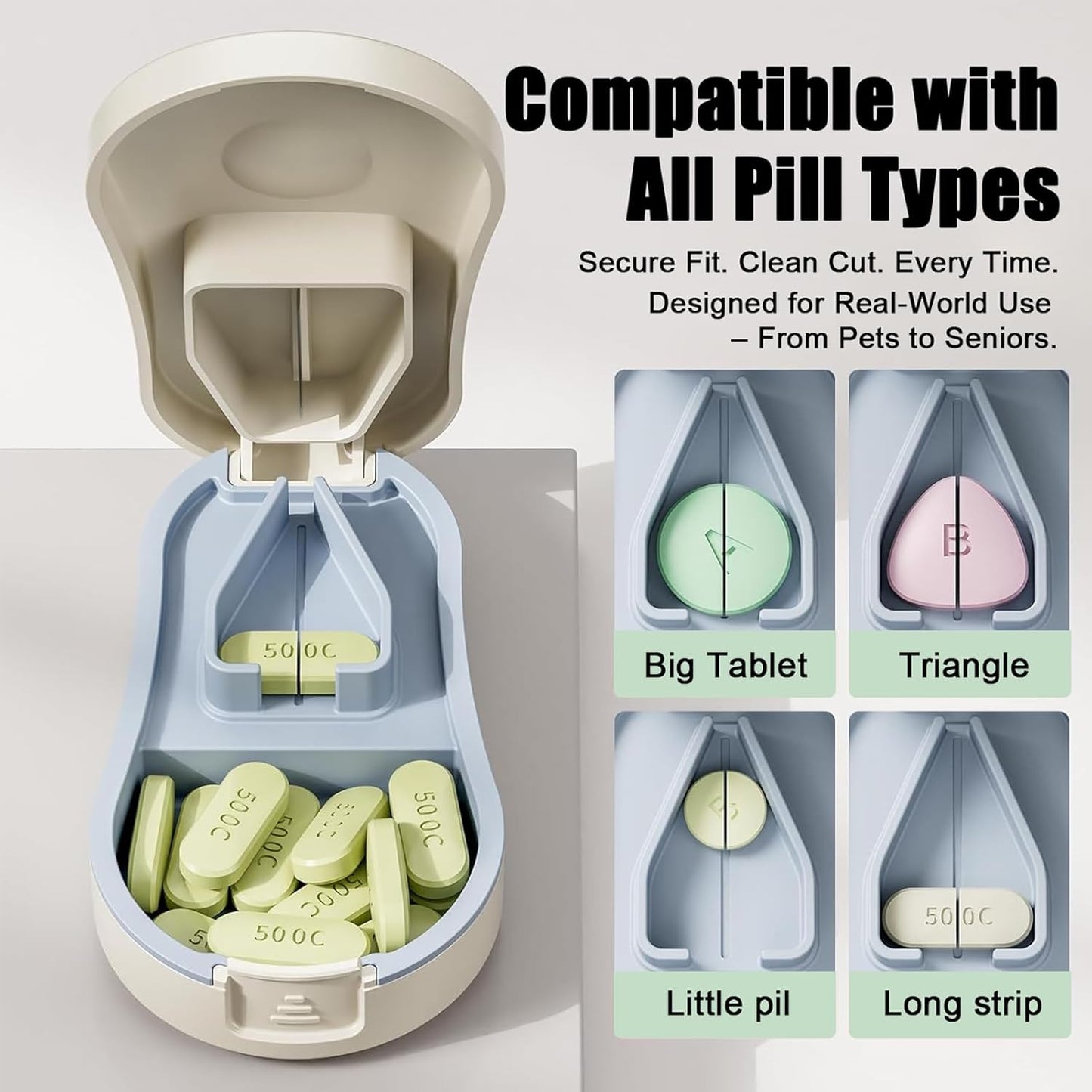 Pill Cutter Splitter for Small and Tiny Pills - Tablet Cutter with Centering Device, V-Slot, Storage and Cleaning Brush - Medicine Slicer for Accurate Cuts (White)