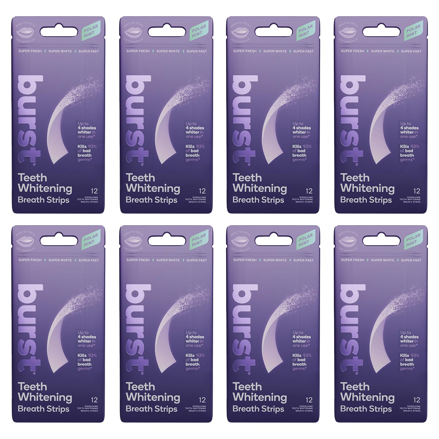 Burst Teeth Whitening Breath Strips (Polar Mint/8 Pack) | Kills 93% of Bad Mouth Germs | Up to 4 Shades Whiter in One Use | Easy to Apply/Quick Dissolving