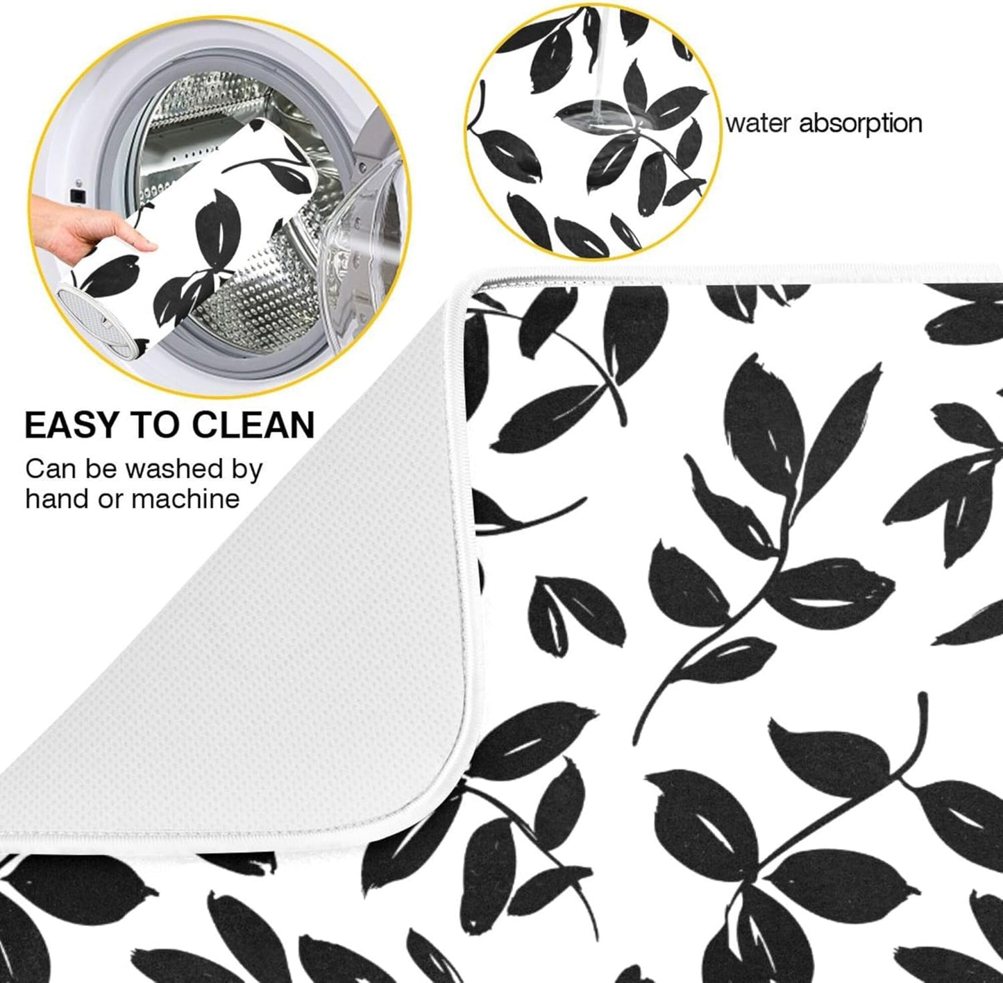 Eucalyptus Leaves Dish Drying Mat for Kitchen Countertop 18x24 Black White Floral Leaf Large Drying Mat Reusable Quick Dry Dish Sink Absorbent Mats Dishwasher Easy Clean Decorative Home Essentials