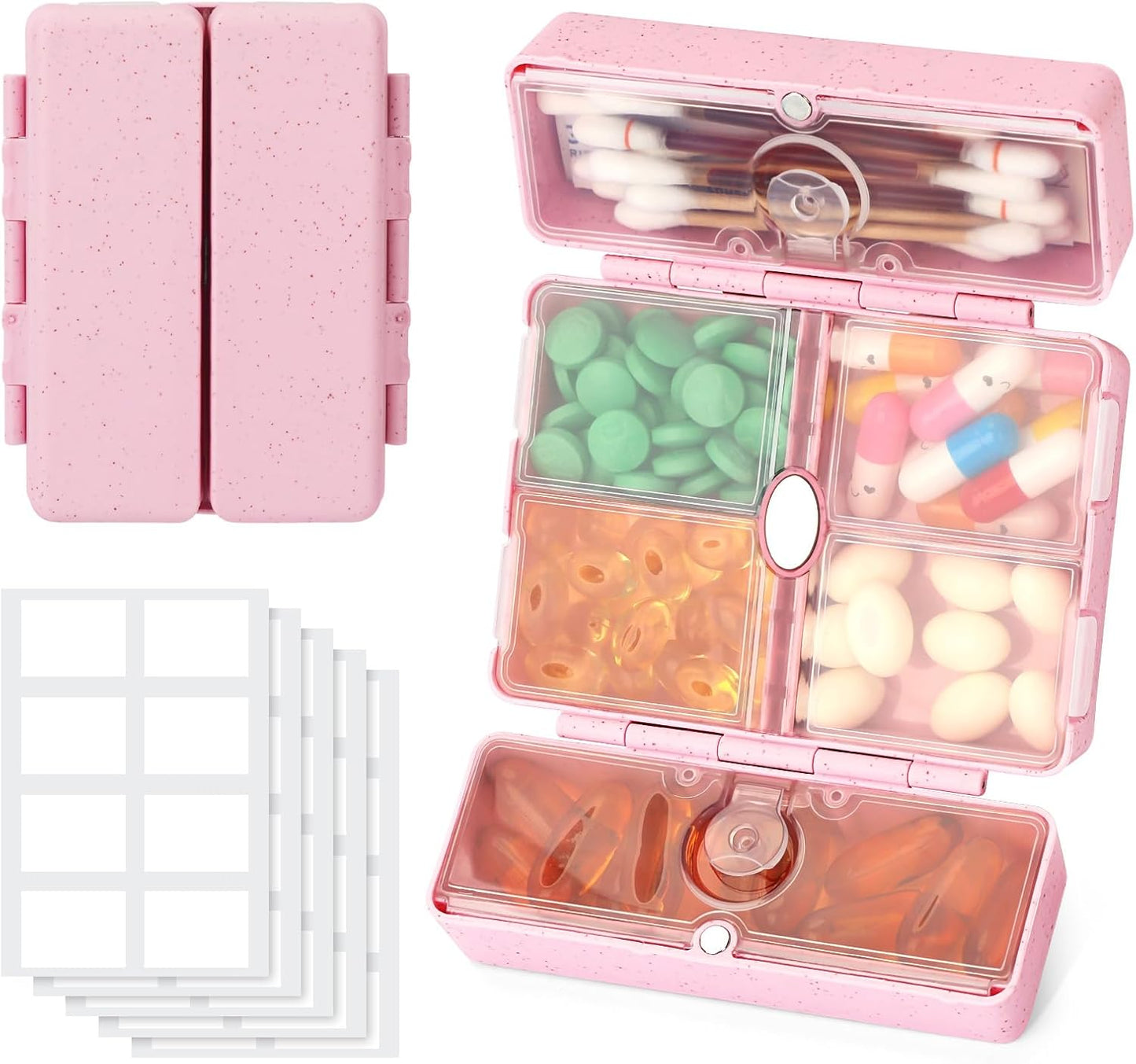 Zentiky Small Daily Pill Organizer with Labels, Medicine Pill Organizer Fit with Your Purse or Pocket for Travel to Hold Vitamin, Fish Oil, Supplement,Cotton Swabs, Bandages or Jewelry-Pink