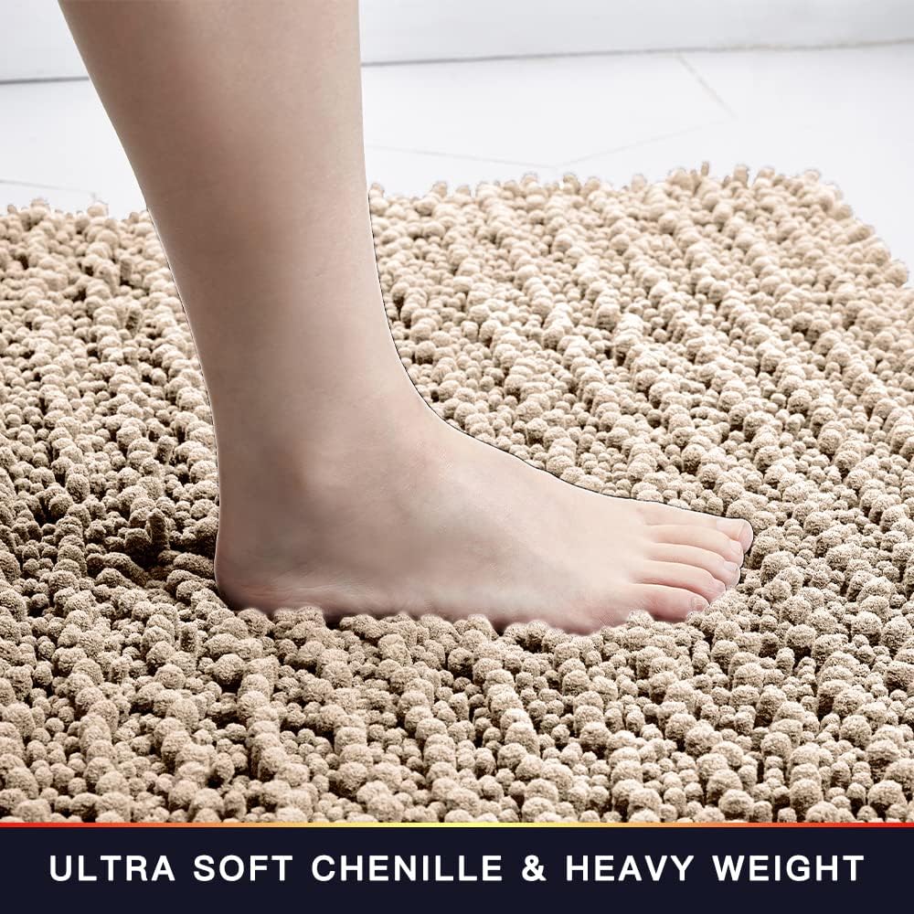 Walensee Bathroom Rug 2 Pieces Set Non Slip Bath Mat (20"x32" Plus 20"x24" U Beige) Water Absorbent Super Soft Shaggy Chenille Machine Washable Dry Extra Thick Perfect Carpet for Shower Floor
