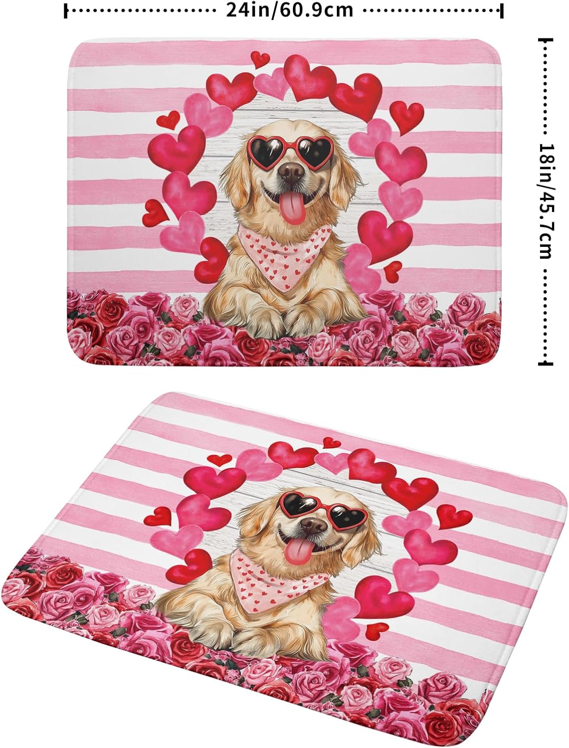Valentine's Day Dog Dish Drying Mat for Kitchen Counter 18x24 inch Heart Rose Absorbent Dish Drainer Rack Mats for Coffee Bar Countertop