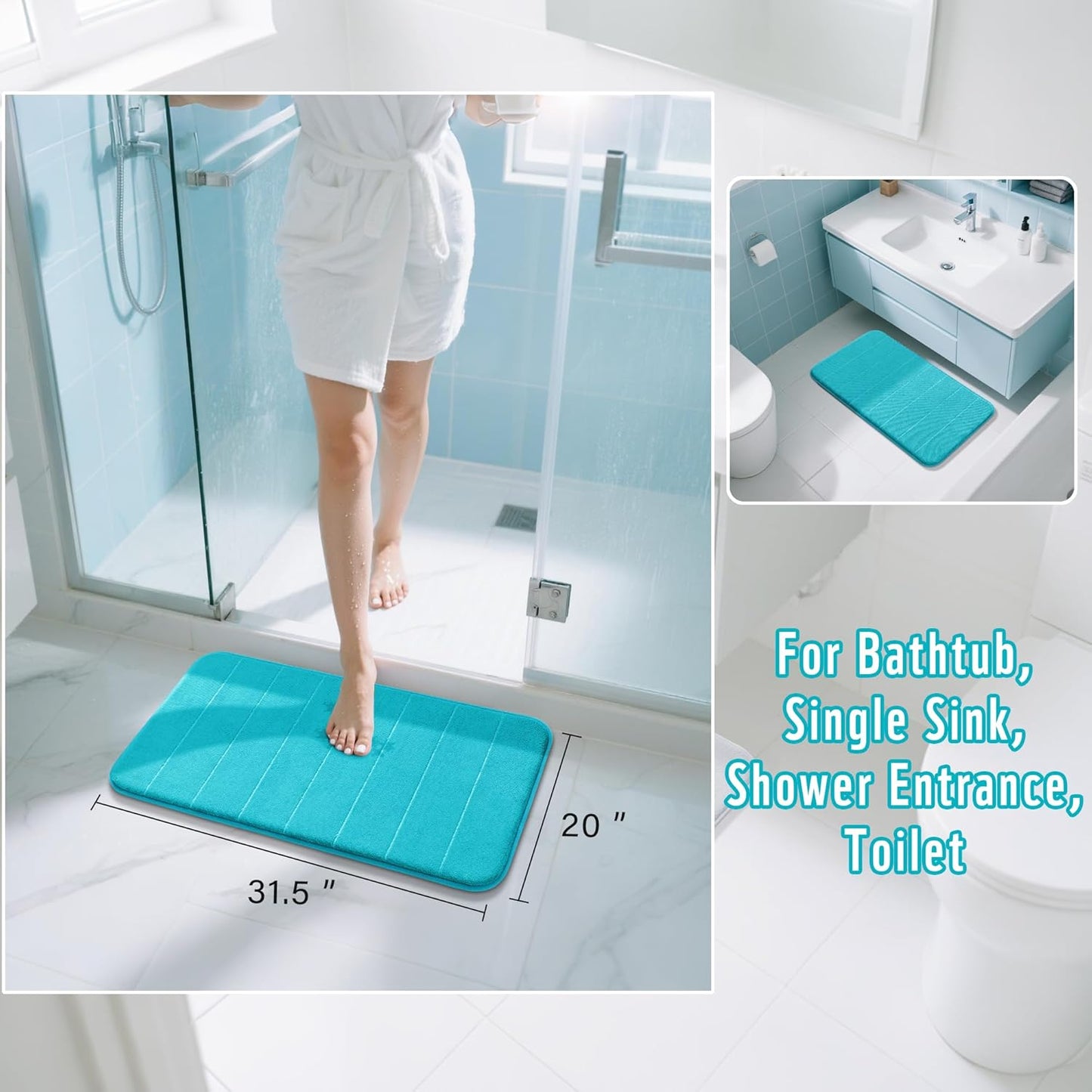 Yimobra Memory Foam Bath Mat, Super Soft Absorbent Bathroom Rug Non Slip 31.5x20 Inch, Quick Dry, Machine Washable Floor Carpet for Tub Shower, Home Decor Accessories, Lake Blue