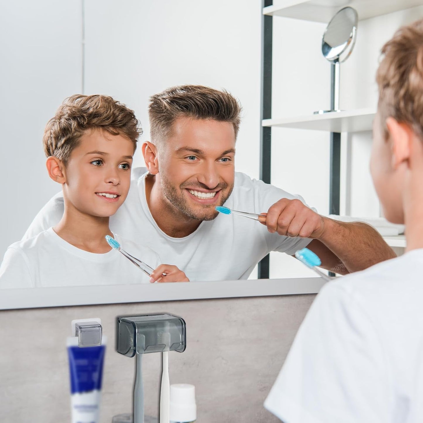 Wall-Mounted Toothbrush Holder with Cover, 2-Slot Organizer with Toothpaste Clip for Bathroom, Shower (Clear Combination 1)