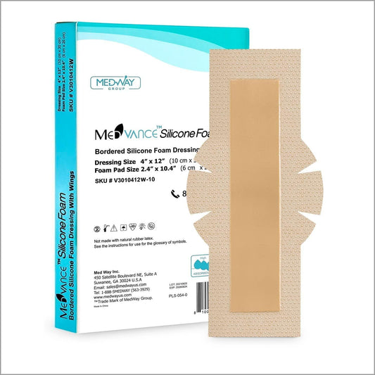 MedVanceTM Silicone - Bordered Silicone Adhesive Foam Dressing (4"x12" w/Wings, 10 Count)