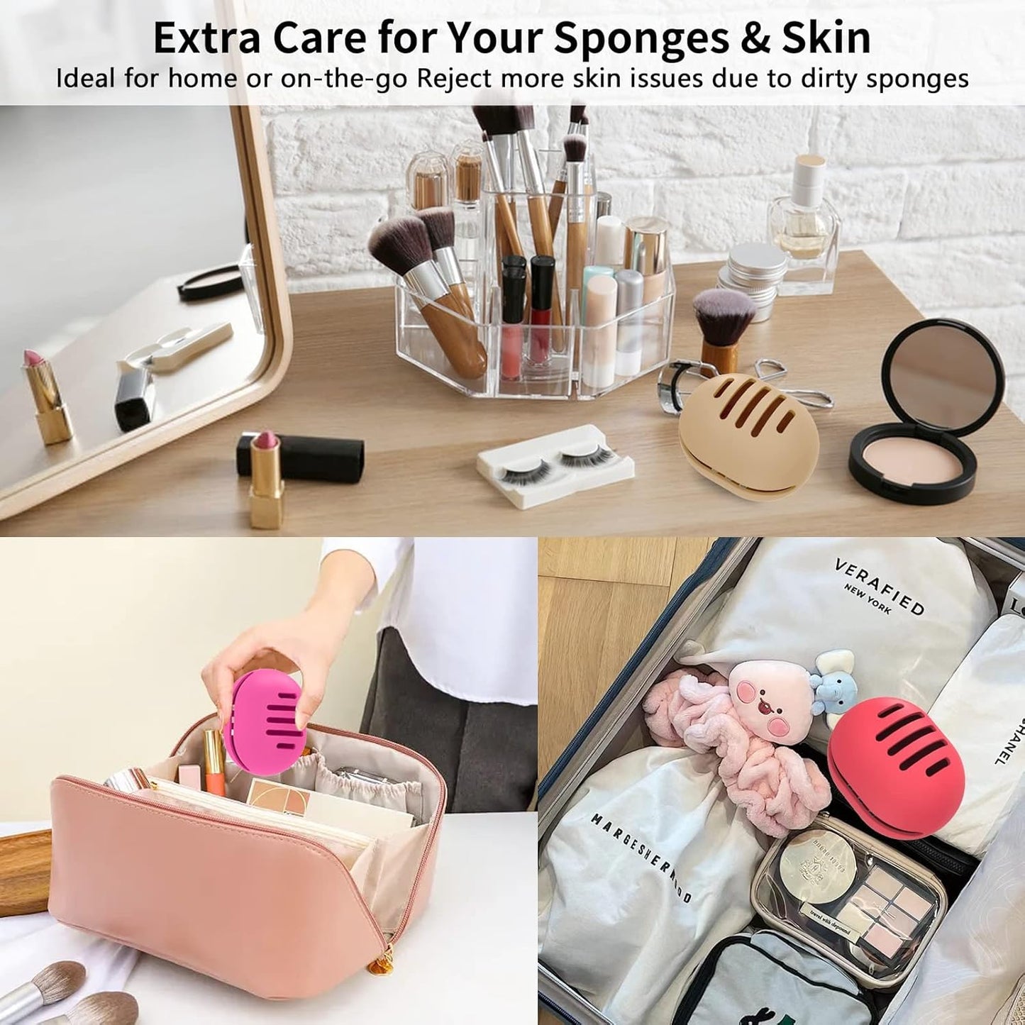 Makeup Sponge Holder,3PCS Double-sided Breathable Silicone Beauty Blender Holder for Travel,Shatterproof Makeup Sponge Travel Case for All Sponges Sanitary Reuse Easy Carry,Khaki+Pink+Grey