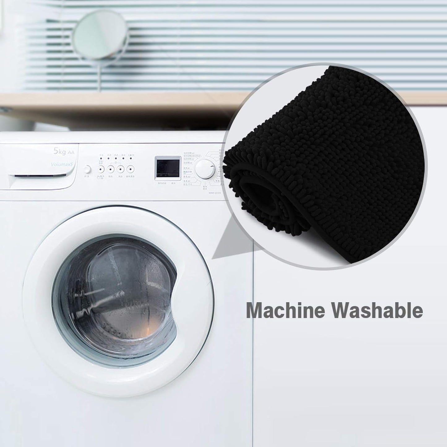 ITSOFT Non-Slip Shaggy Chenille Toilet Contour Bathroom Rug with Water Absorbent, 24 x 21 Inches U-Shaped Black