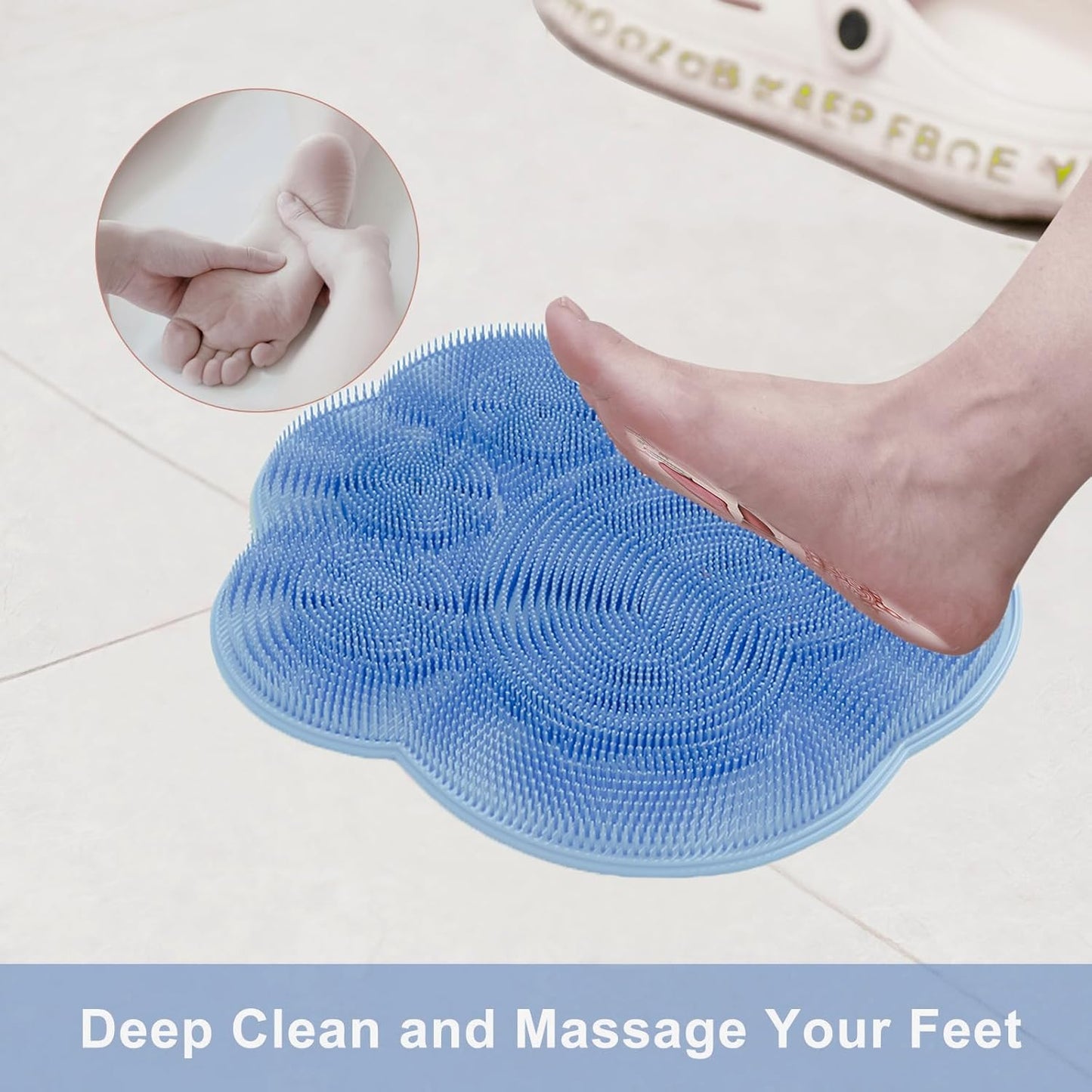Shower Foot Scrubber Mat,Silicone Foot Scrubber for Shower,Silicone Body Scrubber with Suction Cups,Bath Feet Scrub Mat with Storage Hook(Blue)