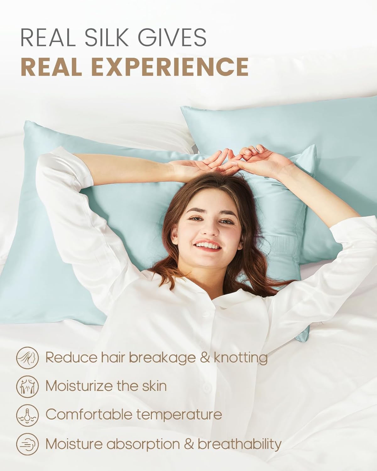 THXSILK Mulberry Silk Pillowcase for Hair and Skin, 100% Mulberry Silk Bed Pillowcase, Hypoallergenic Soft Breathable Silk Pillow Case with Hidden Zipper, King Pillow Case 20"x36", Light Blue