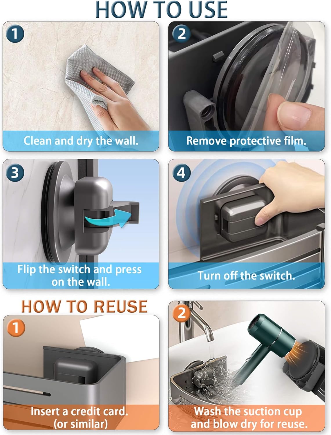 Onemake Corner Shower Caddy with Suction Cups, 2-Pack Removable Aluminum Wall Mounted Organizer Shelves Storage Rack with Towel Bar Portable Hook for Bathroom, Grey