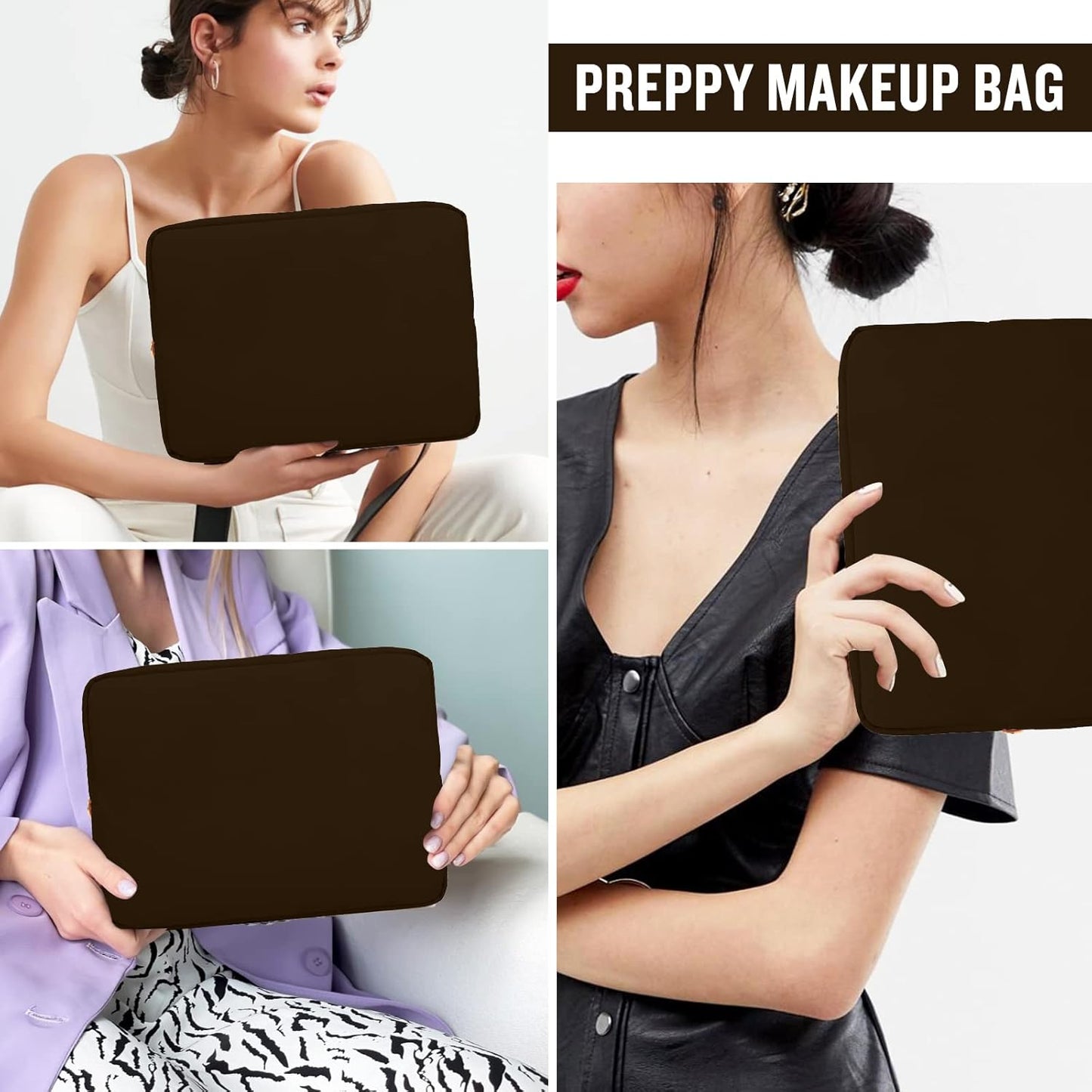 Nylon Large Makeup Bag Travel Pouch for Women, Preppy Big Makeup Bag Cute Cosmetic Zipper Pouch Purse, DIY Chenille Letter Bag Waterproof Toiletry Bag Clutch Make Up Organizer for Women Girls(Brown)