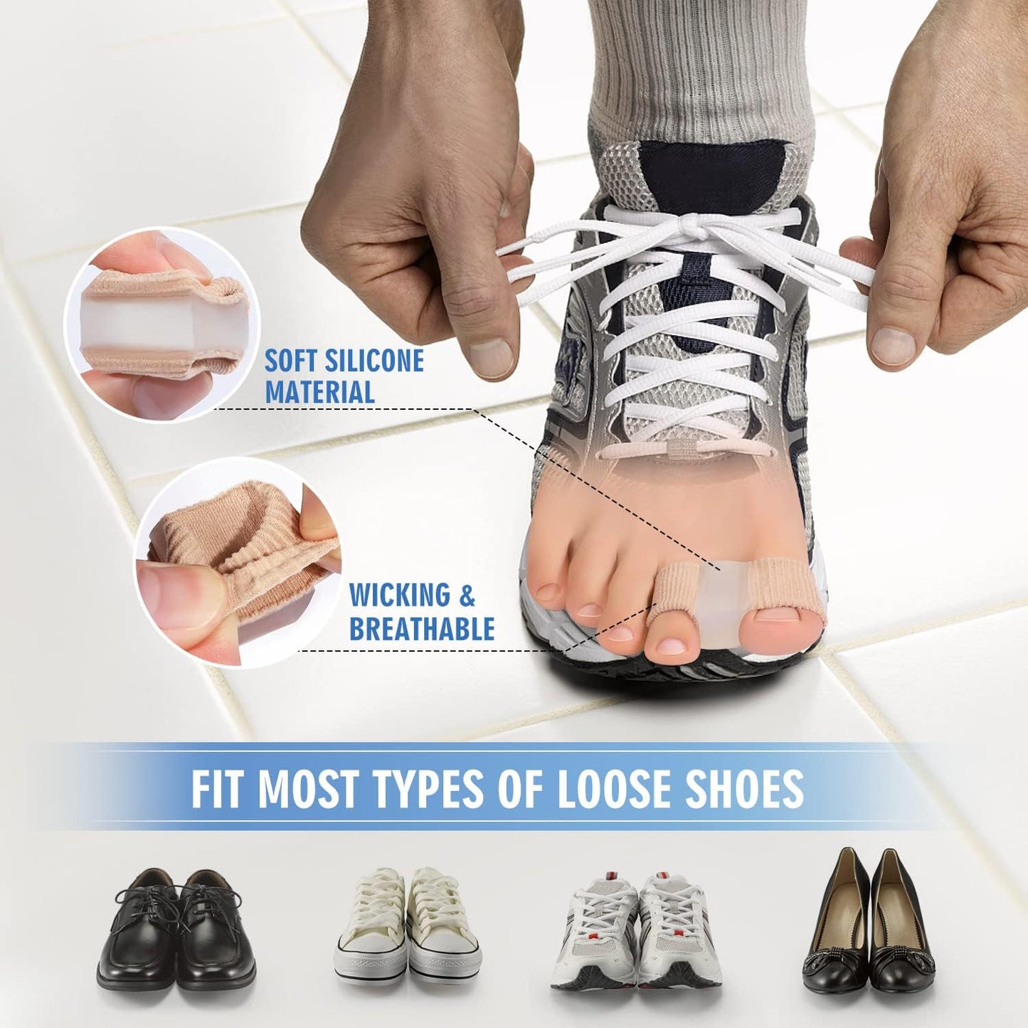 4 PCS Toe Spacers Separators, Wicking& Breathable Fabric Bunion Corrector with Gel Lining for Bunion Pain Relief and Overlapping Toe, Gel Bunion Corrector with Double Loops