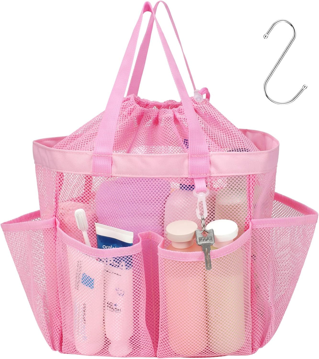 F-color Mesh Shower Caddy Portable with Drawstring - Upgrade Deeper 7 Pockets Dorm Room Essentials for Guys Girls with S Hook, Shower Bag Basket Tote for College Camping Toiletry Bathroom, Pink