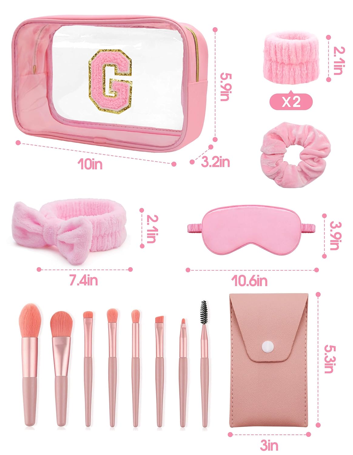 Gift Sets for Women, Initial Makeup Bag with Makeup Brush Set Bachelorette Party Favors, Pink Spa Kit with Skincare Headbands Wrist Bands Sleepover Party Supplies Gifts for Teen Girls Bridesmaid G