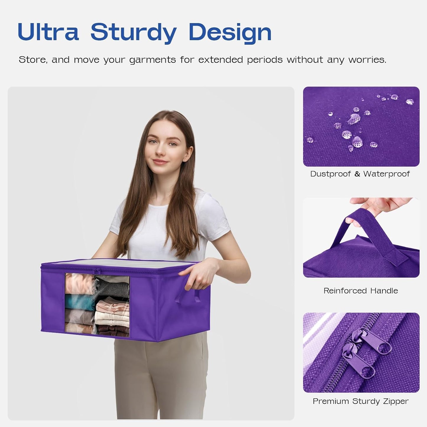 Clothes Storage Bags, Foldable Thick Fabric Blanket Storage Bags, Large Clear Window & Carry Handles, Great for Clothes, Blankets, Closets, Pillows, Toys (Purple, 4PACK)