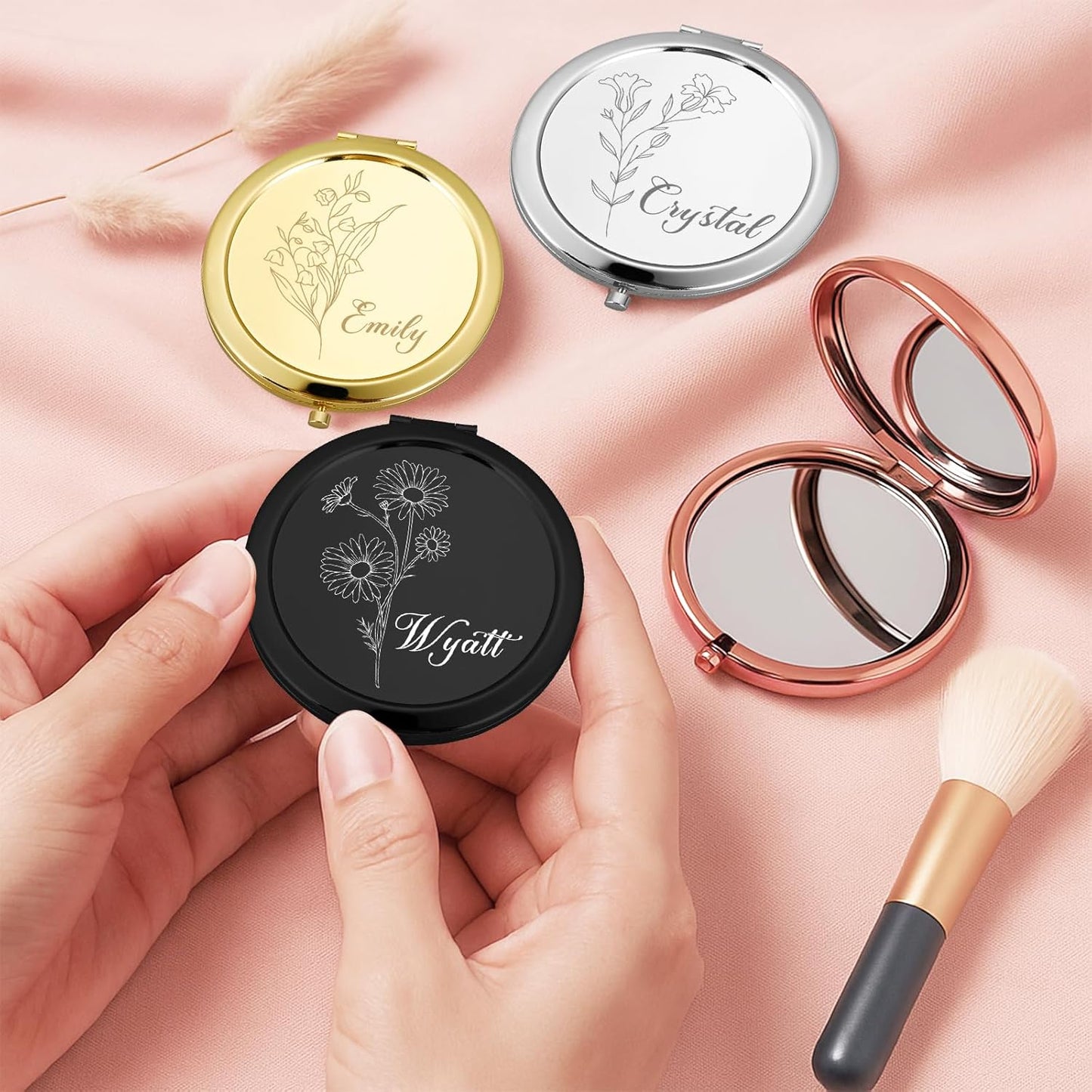 Personalized Compact Mirror, Custom Pocket Mirror with Birth Flower and Name, Small Purse Mirrors for Women, Double-Sided 1X/2X Magnifying Travel Makeup Mirrors, Bridal Shower Gifts, Stocking Stuffers