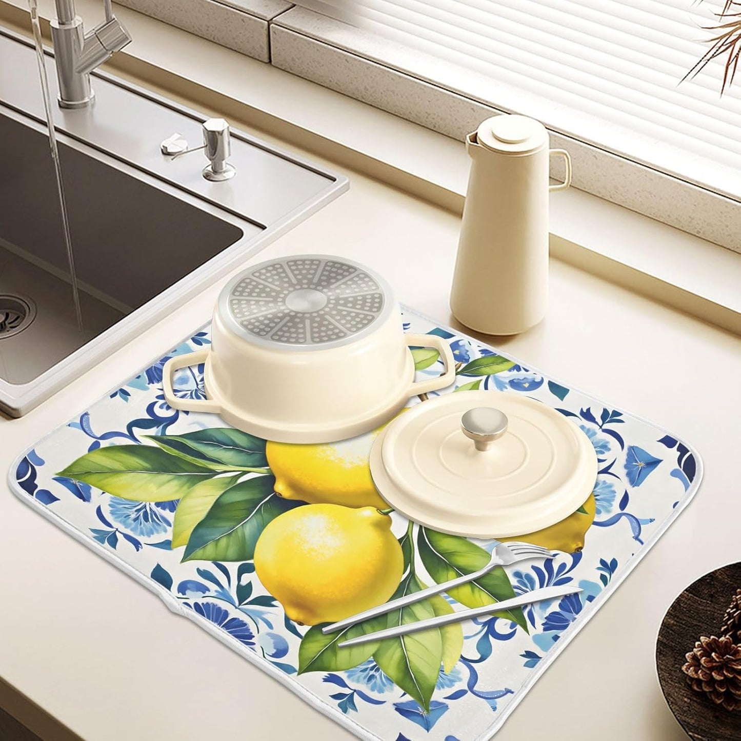 Lemon Italian Tile Blue E Dish Drying Mats for Kitchen Counter, 18x24 inch Drying Dishes Absorbent Microfiber Dish Drainer Mat Rack Pad Fast Dry