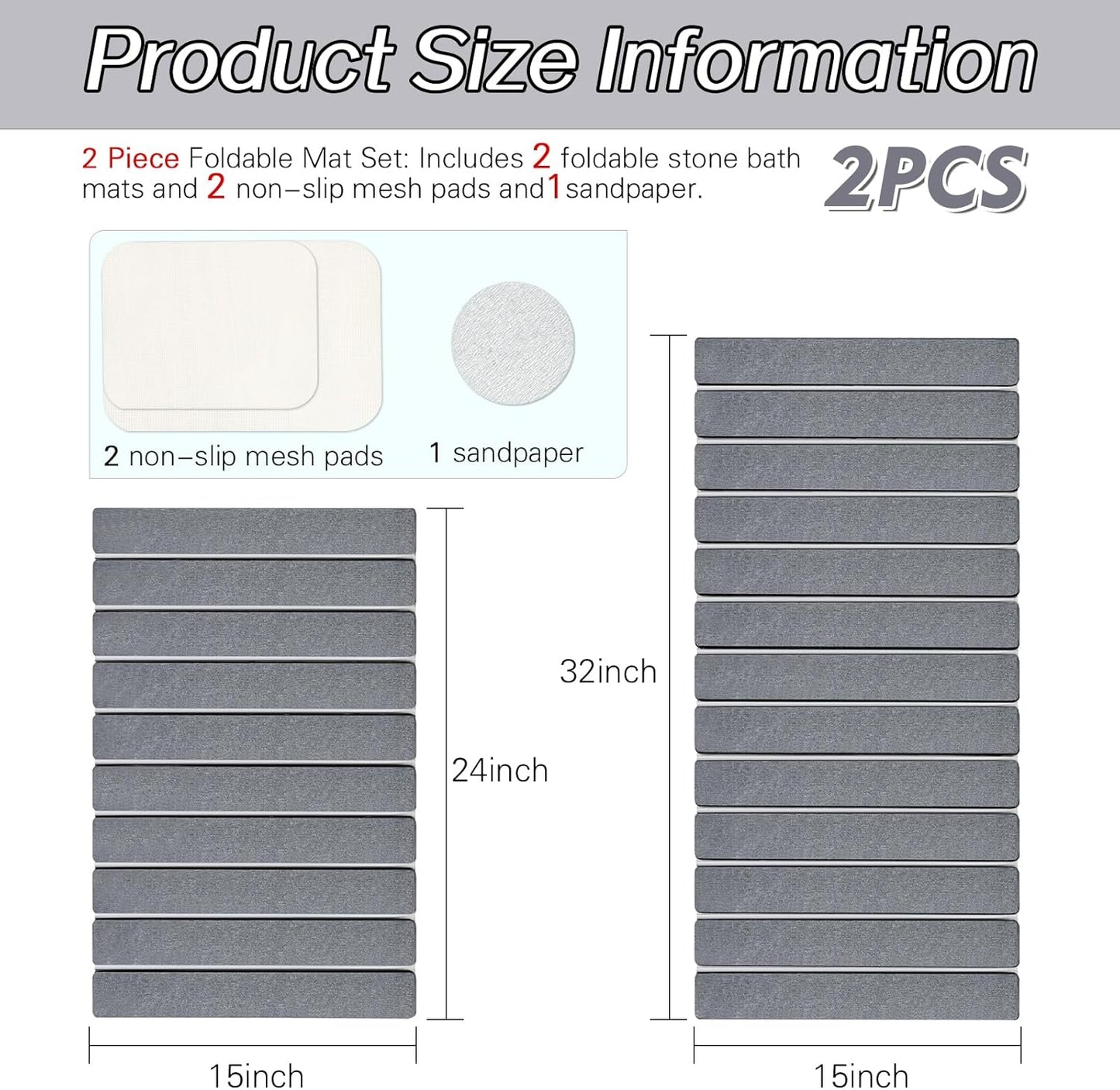 2 Pack Foldable Stone Bath Mats, Gray Super Absorbent Diatomaceous Earth Bath Rug, Non-Slip Shower Mat, Quick-Drying Bath Rug and Drying Mat for Tub and Shower