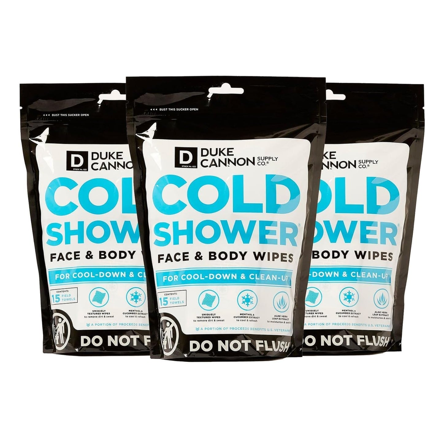 Duke Cannon Cold Shower Cooling Field Towels – Menthol Body Wipes for Men, No Rinse Face & Body Cleansing Wipes, 15 Individually Wrapped Towels (3 Pack)
