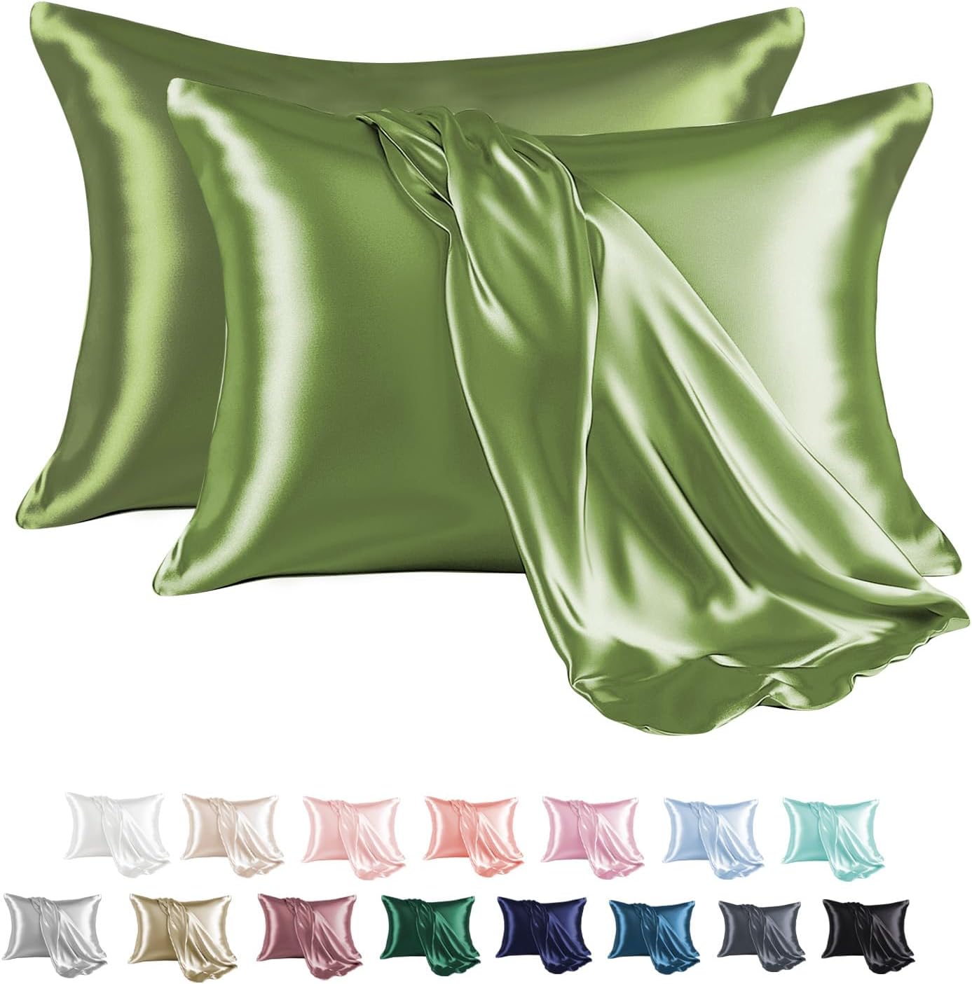 MR&HM Satin Pillowcase for Hair and Skin, Silk Satin Pillowcase 2 Pack, Queen Size Pillow Cases Set of 2, Silky Pillow Cover with Envelope Closure (20x30, Sage)
