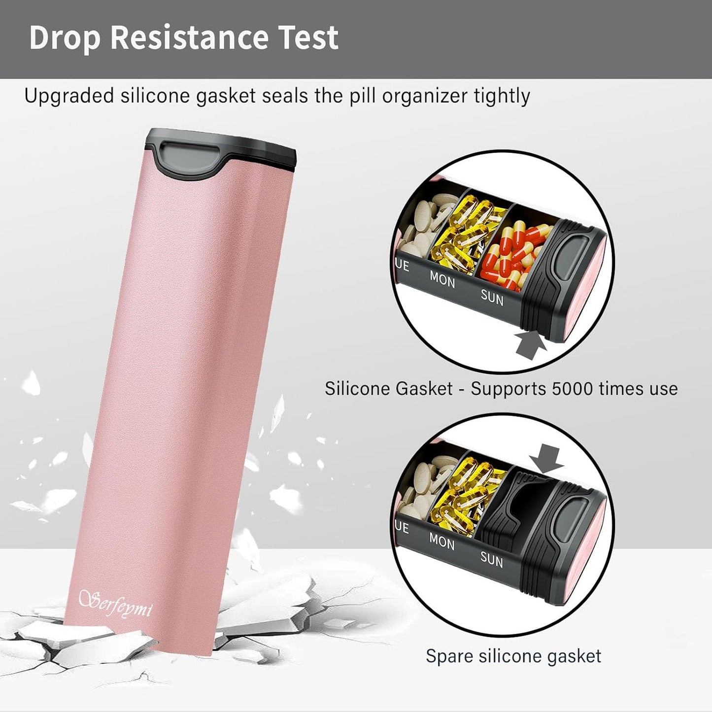 Metal Weekly Pill Organizer, Serfeymi Aluminum Daily Pill Box,7 Day Pill Case Travel Medicine Organizer,Pill Containers(Spare Gasket) for Vitamins, Fish Oils,Pills, Supplement(NO LID)- Pink