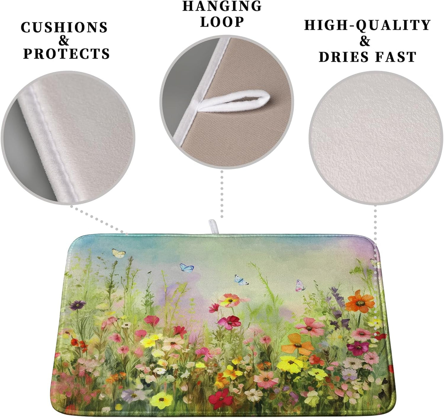 Spring Floral Dish Drying Mat for Kitchen Counter 16x18 Inch Sage Green Wild Flowers Drying Mats Spring Summer Plant Microfiber Absorbent Dish Rack Pad for Coffee Bar Sinks Home Accessories